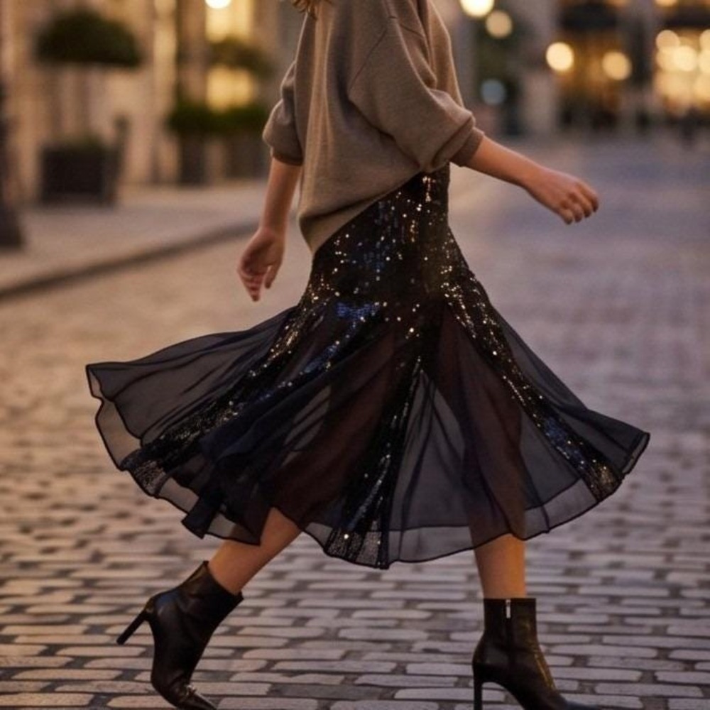 Laurence Kazar New York M8/ XL‎ Vintage Black Sequin Silk Midi Skirt Party